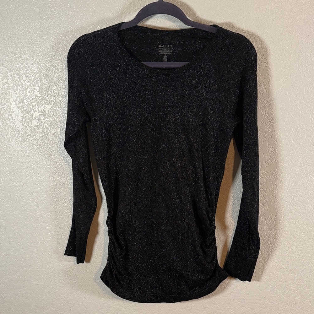 Athleta Black Metallic Long Sleeve Side Scrunch Activewear Top Size Medium